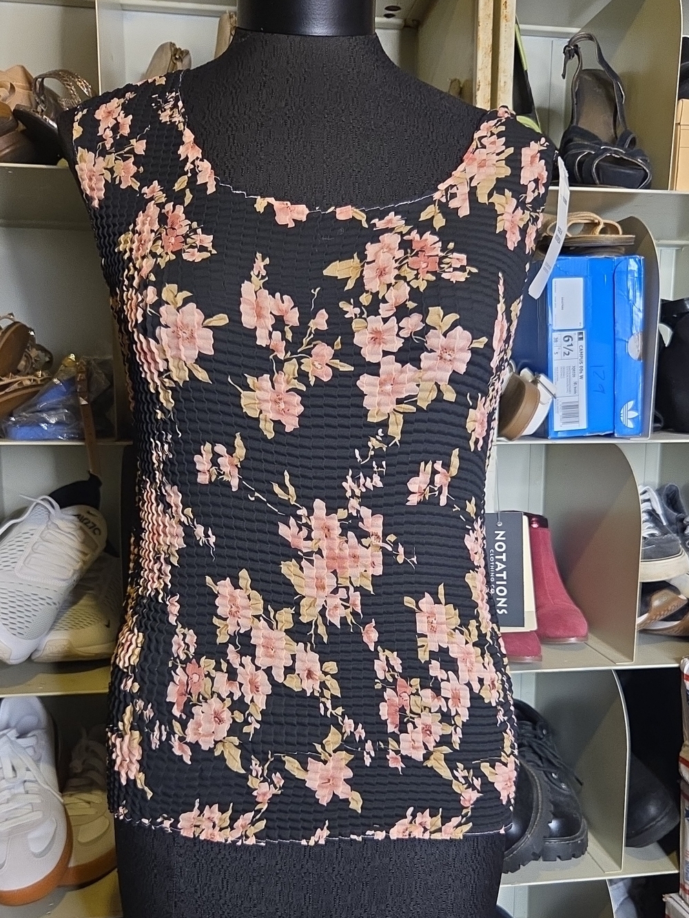 Notations Black Sleeveless Blouse with Pink Floral Print